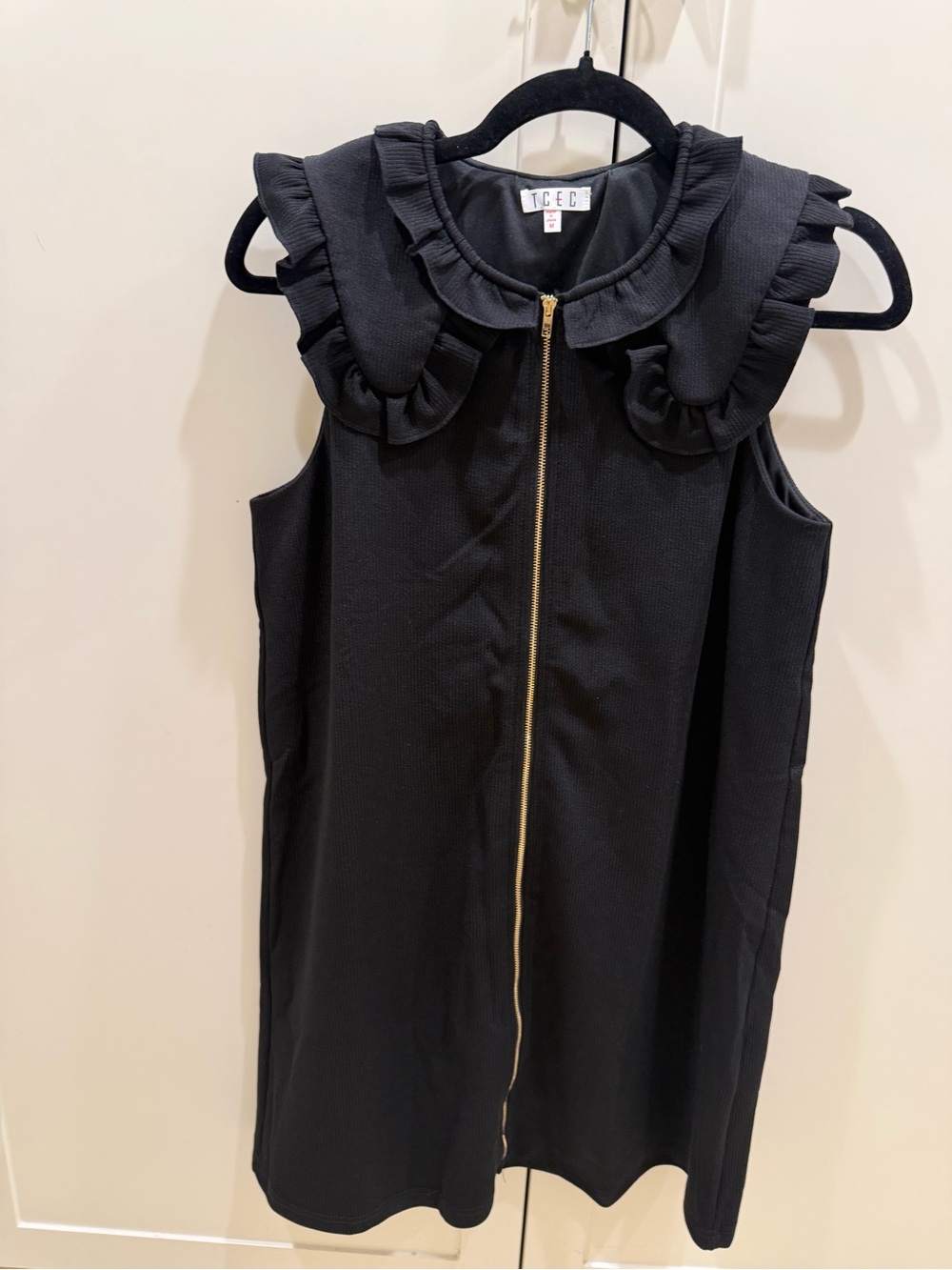 TCEC Black Dress with Gold Front Zip and Ruffle Collar